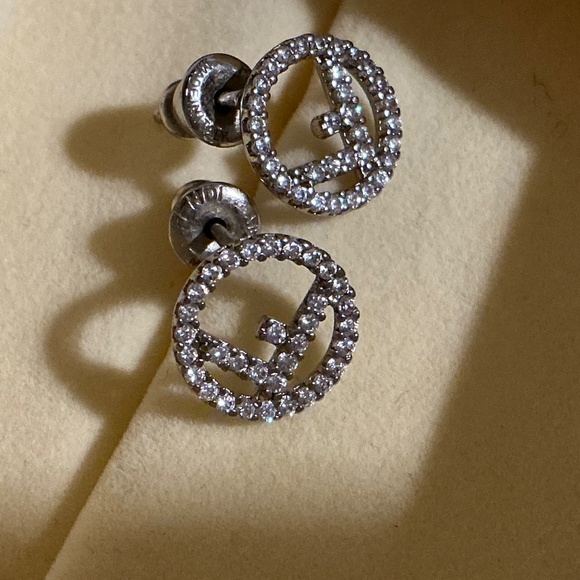Preloved FENDI Pierced Petite Silver Earrings w/Crystals - Picture 4 of 12
